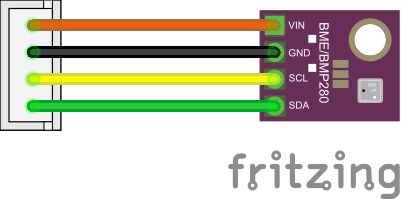 The BME module as a Fritzing schematic, showing how to connect the JST header. Orange to Vin, Black to GND, Yellow to SCL, Green to SDA